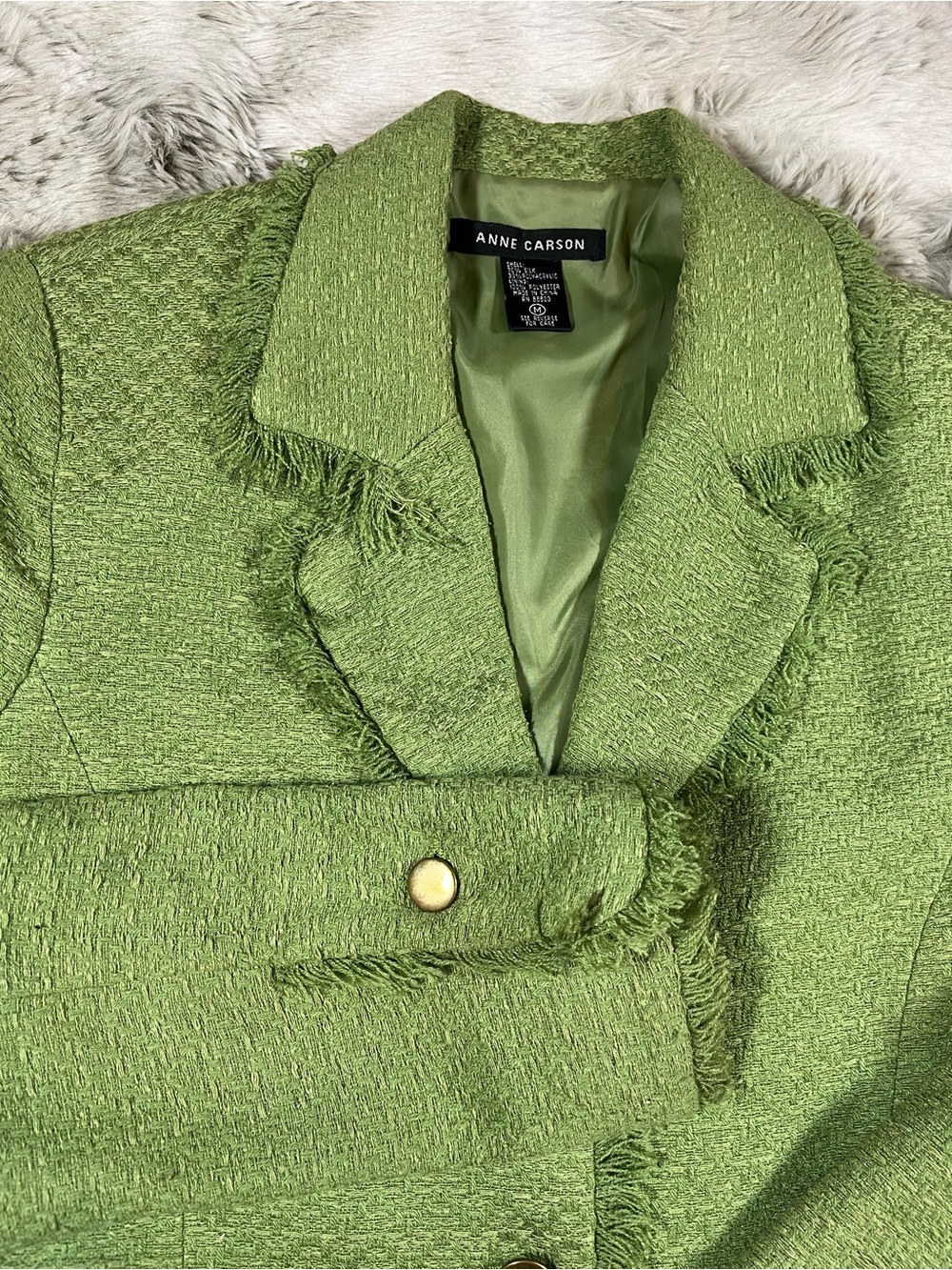 Anne Carson Green Fringe Silk Blend Tweed Blazer with Gold Buttons